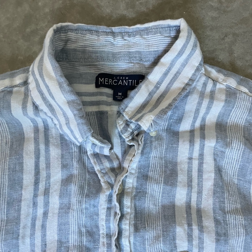 J Crew Men's Blue Striped Linen Shirt